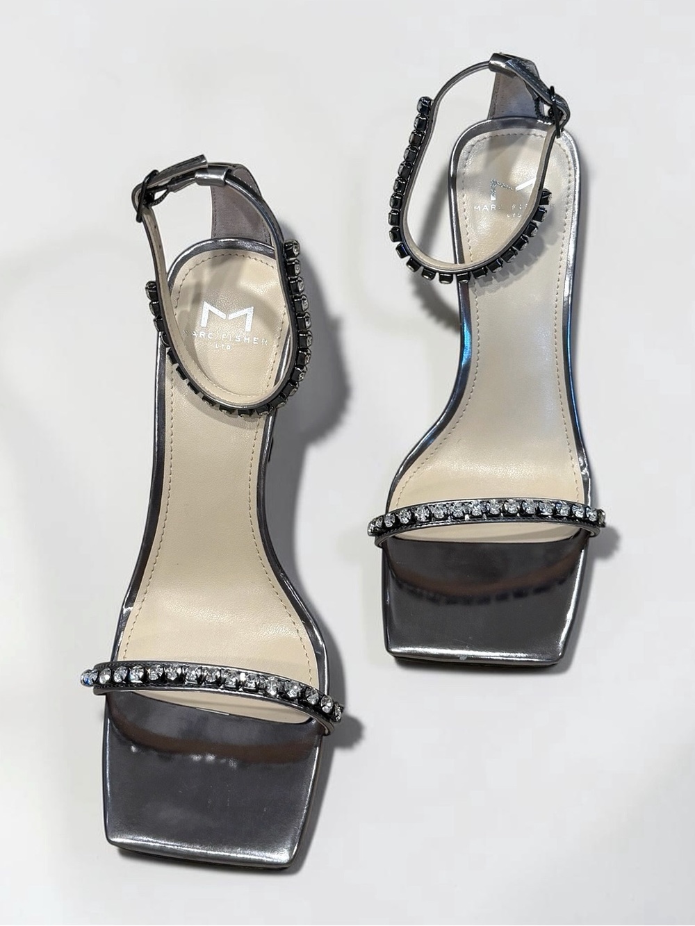 Marc Fisher Metallic Pewter Gem-Embellished Ankle-Strap Sandal - Picture 4 of 15